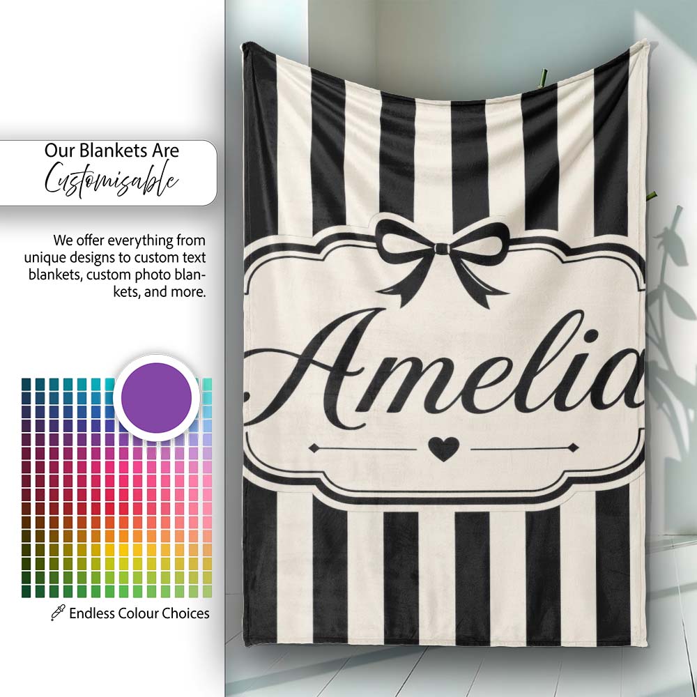 Black and White Wavy Stripe Abstract Seamless Pattern Name Cute Personalised Custom Name Super Soft Fleece Blanket Bed Sofa Throw