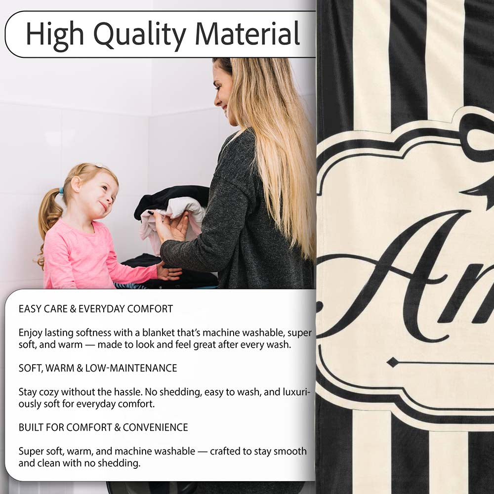 Black and White Wavy Stripe Abstract Seamless Pattern Name Cute Personalised Custom Name Super Soft Fleece Blanket Bed Sofa Throw