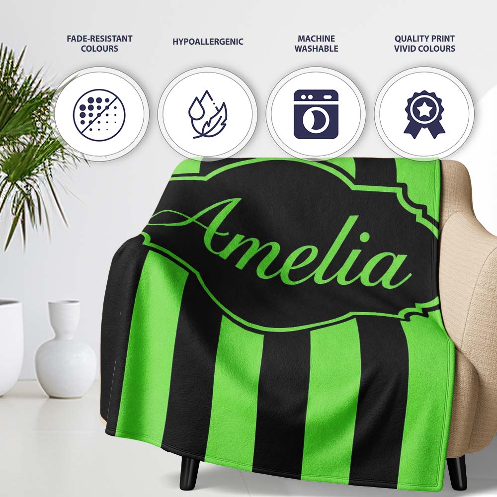 Green and White Wavy Stripe Abstract Seamless Pattern Name Cute Personalised Custom Name Super Soft Fleece Blanket Bed Sofa Throw