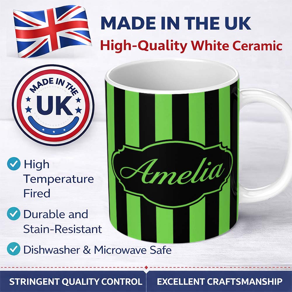 Personalized Custom Name Green and White Wavy Stripe Abstract Seamless Pattern Name Cute 11oz Ceramic Coffee Tea Mug White Large Handle
