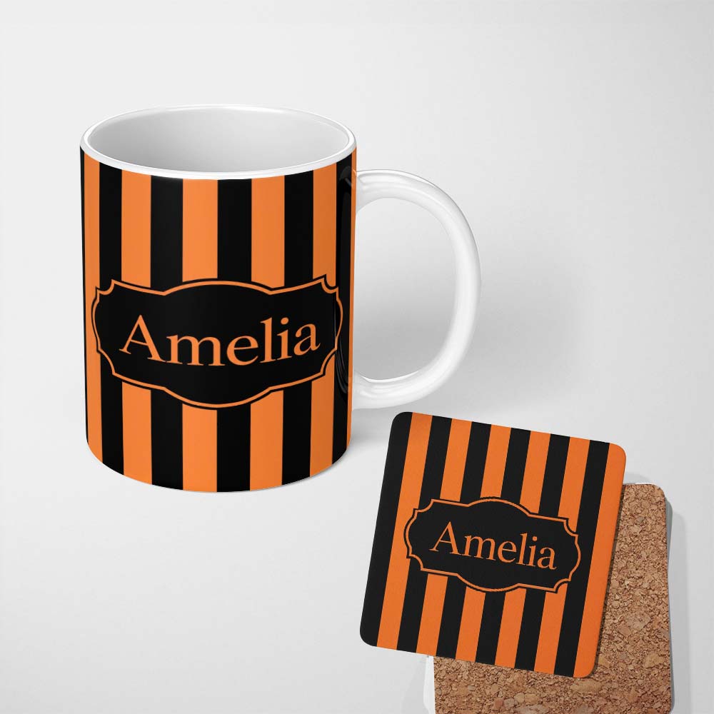 Personalized Custom Name Orange and White Wavy Stripe Abstract Seamless Pattern Name Cute 11oz Ceramic Coffee Tea Mug White Large Handle