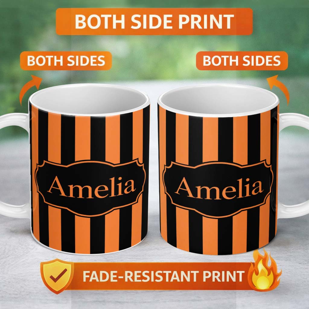 Personalized Custom Name Orange and White Wavy Stripe Abstract Seamless Pattern Name Cute 11oz Ceramic Coffee Tea Mug White Large Handle