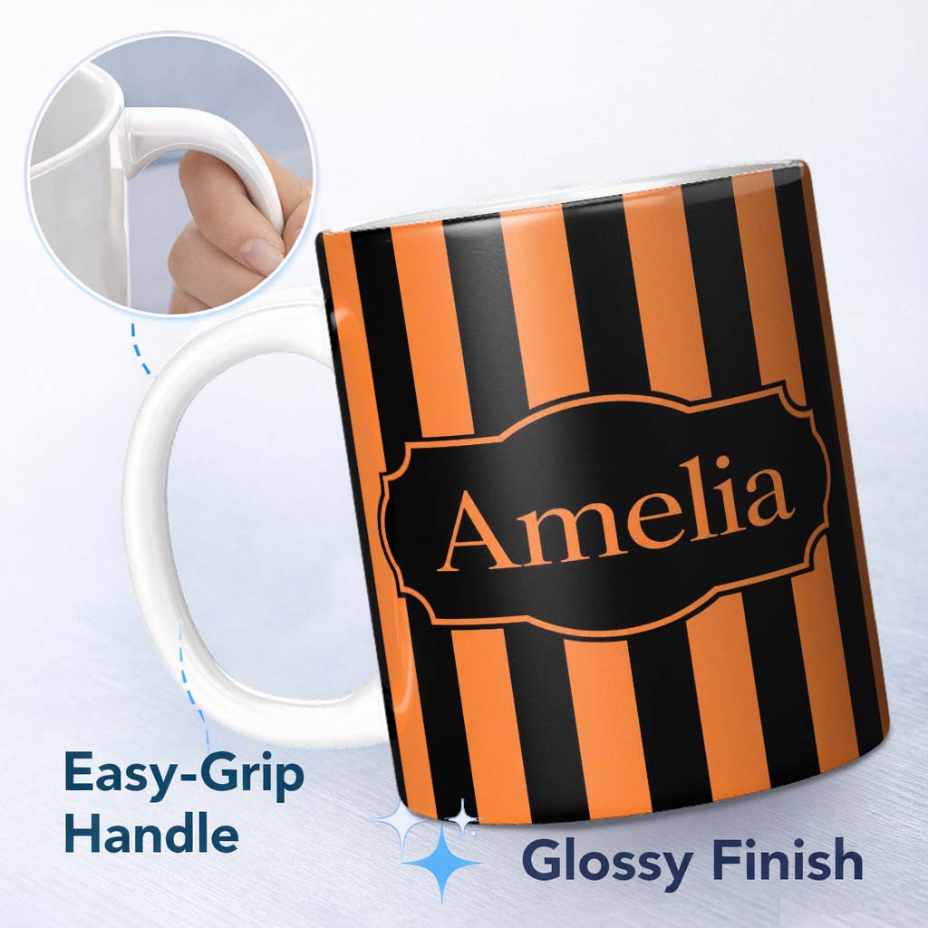 Personalized Custom Name Orange and White Wavy Stripe Abstract Seamless Pattern Name Cute 11oz Ceramic Coffee Tea Mug White Large Handle