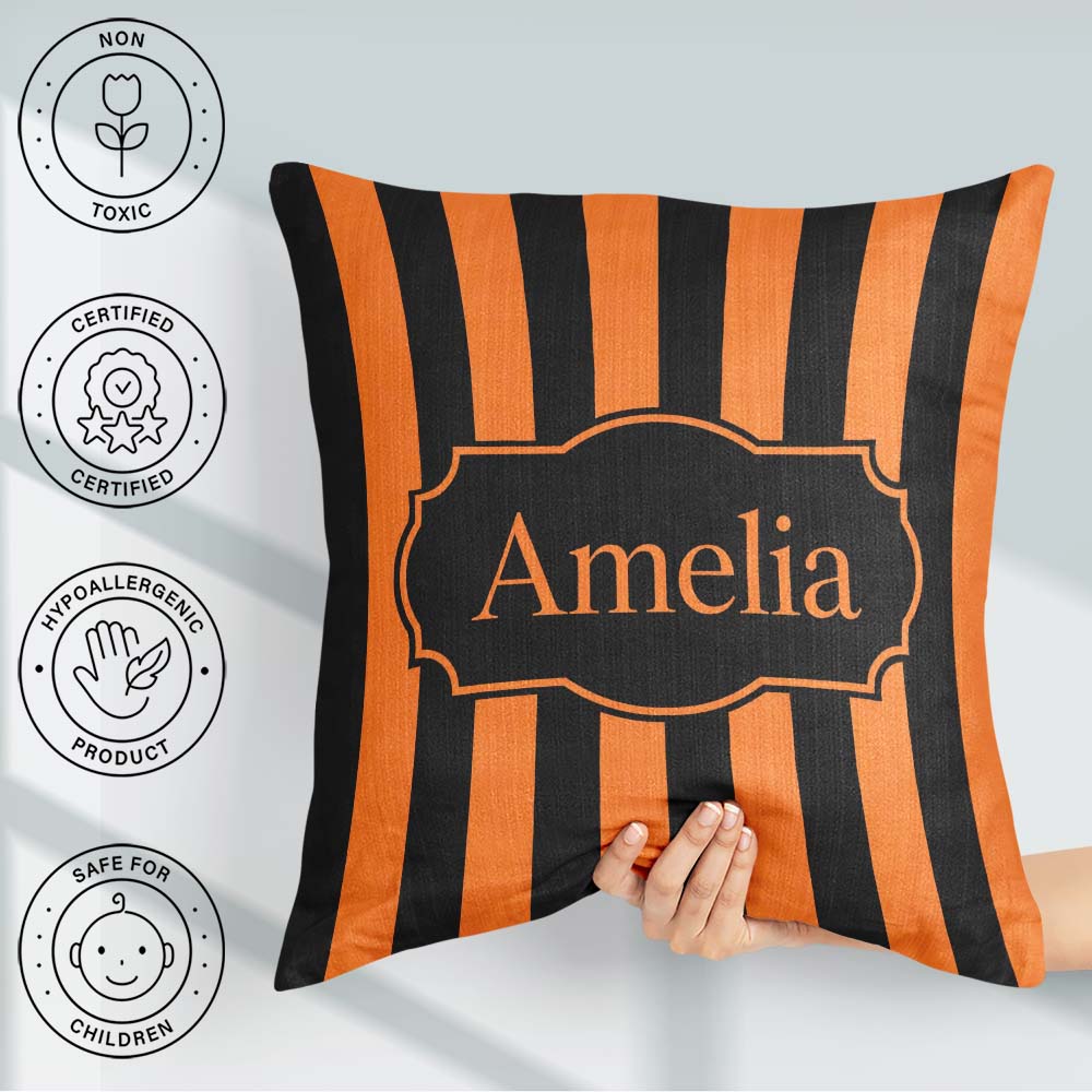 Custom Name Orange and White Wavy Abstract Seamless Pattern Name Square Filled Cushion Throw Pillow Sofa Bed Home Decor Zip Washable UK Made