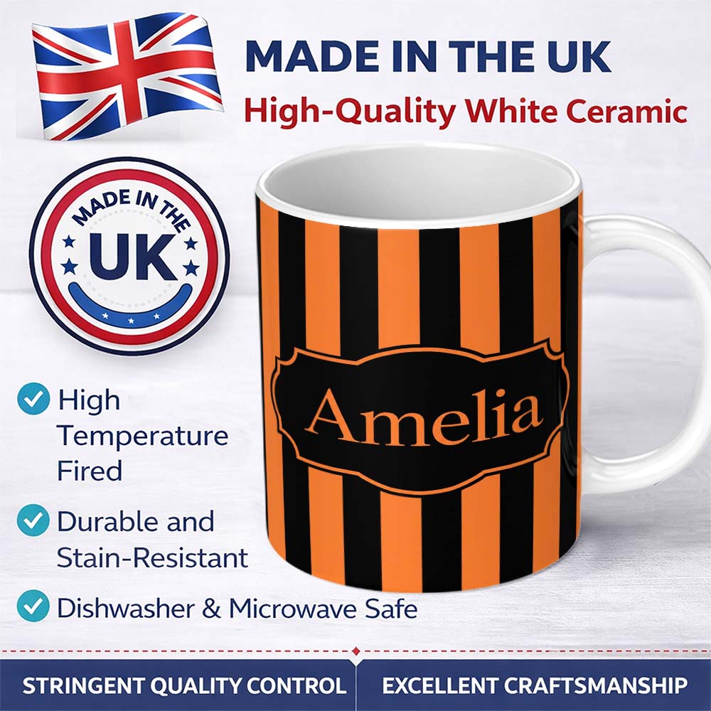 Personalized Custom Name Orange and White Wavy Stripe Abstract Seamless Pattern Name Cute 11oz Ceramic Coffee Tea Mug White Large Handle