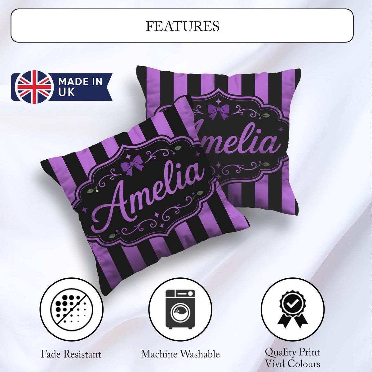 Custom Name Purple and White Wavy Abstract Seamless Pattern Name Square Filled Cushion Throw Pillow Sofa Bed Home Decor Zip Washable UK Made
