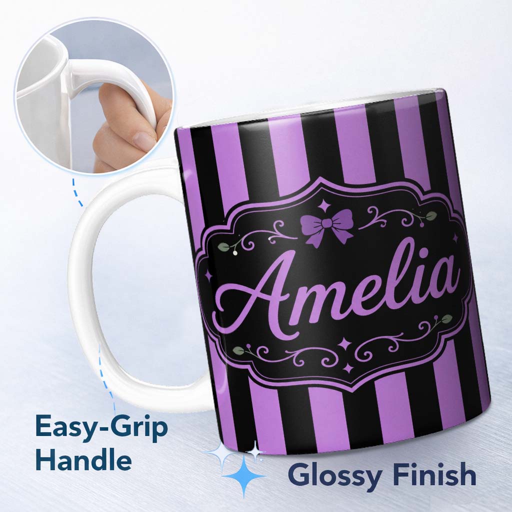 Personalized Custom Name Purple and White Wavy Stripe Abstract Seamless Pattern Name Cute 11oz Ceramic Coffee Tea Mug White Large Handle
