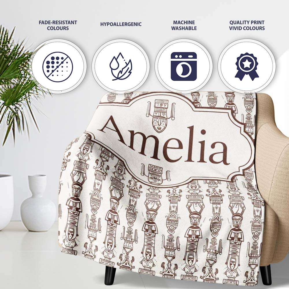 Tribal Ethnic Line Art Figures Seamless Pattern Name Cute Unique Personalised Custom Name Super Soft Fleece Blanket Bed Sofa Throw