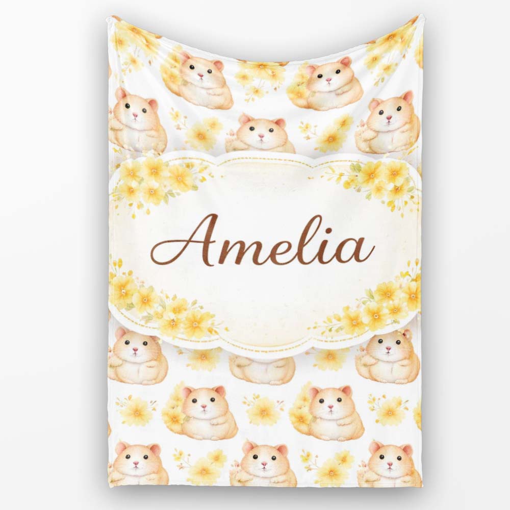 Adorable Hamster Floral Yellow Accent Seamless Pattern Lovely Personalised Custom Name Super Soft Fleece Blanket Bed Sofa Throw