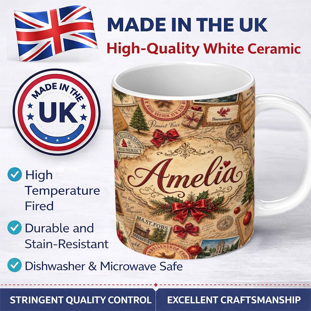 Personalized Custom Name Vintage Christmas Ephemera Postcards Stamps Script Letters and 11oz Ceramic Coffee Tea Mug White Large Handle