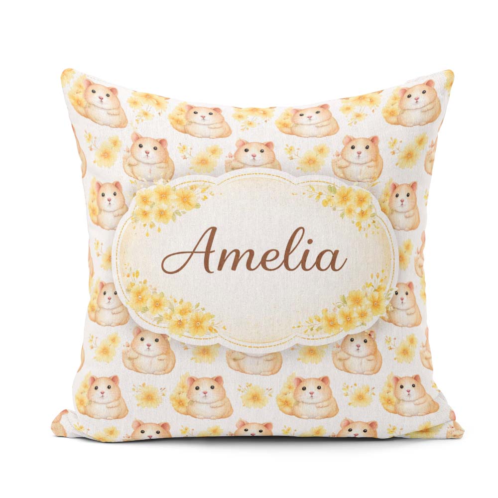 Custom Name Adorable Hamster Floral Yellow Accent Pattern Lovely Square Filled Cushion Throw Pillow Sofa Bed Home Decor Zip Washable UK Made