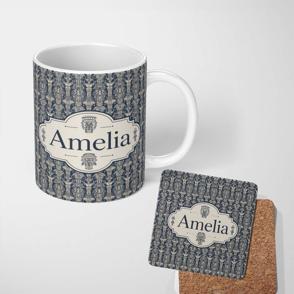 Personalized Custom Name Vintage Tribal Mask and Totem Seamless Pattern Name Cute Unique Gift 11oz Ceramic Coffee Tea Mug White Large Handle