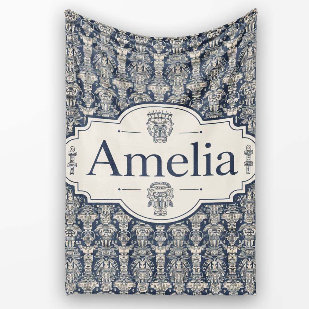 Vintage Tribal Mask and Totem Seamless Pattern Name Cute Unique Gift Personalised Custom Name Super Soft Fleece Blanket Bed Sofa Throw