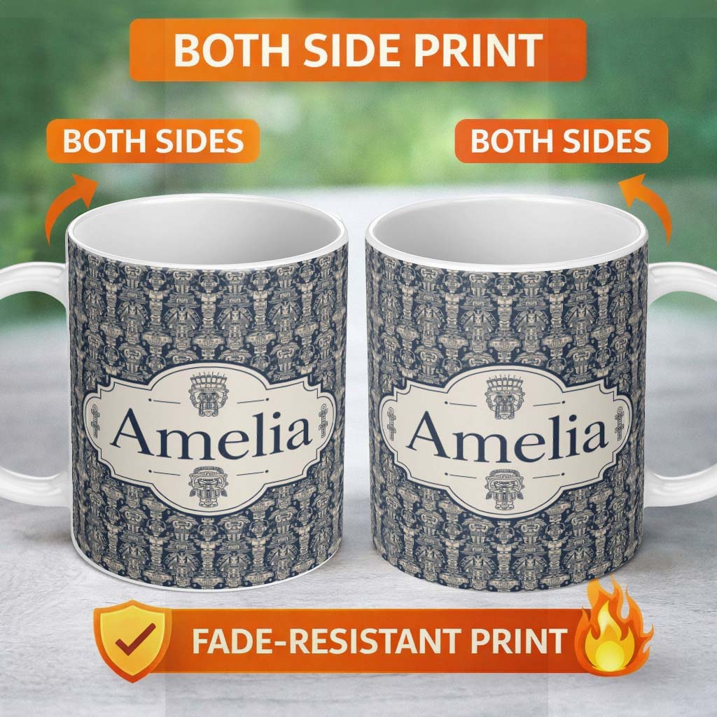 Personalized Custom Name Vintage Tribal Mask and Totem Seamless Pattern Name Cute Unique Gift 11oz Ceramic Coffee Tea Mug White Large Handle