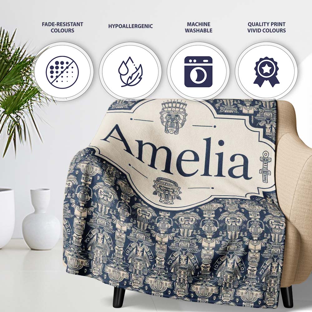 Vintage Tribal Mask and Totem Seamless Pattern Name Cute Unique Gift Personalised Custom Name Super Soft Fleece Blanket Bed Sofa Throw