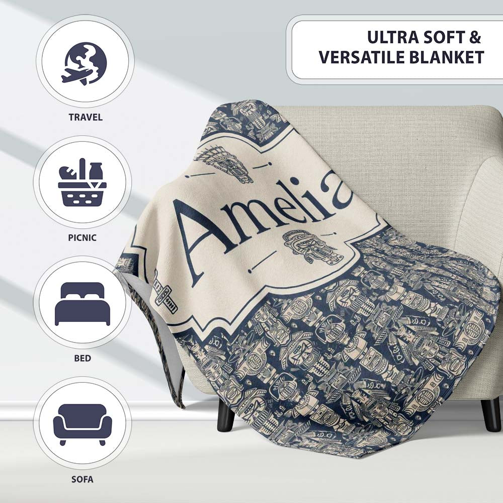 Vintage Tribal Mask and Totem Seamless Pattern Name Cute Unique Gift Personalised Custom Name Super Soft Fleece Blanket Bed Sofa Throw