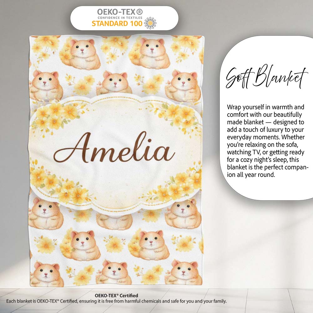 Adorable Hamster Floral Yellow Accent Seamless Pattern Lovely Personalised Custom Name Super Soft Fleece Blanket Bed Sofa Throw