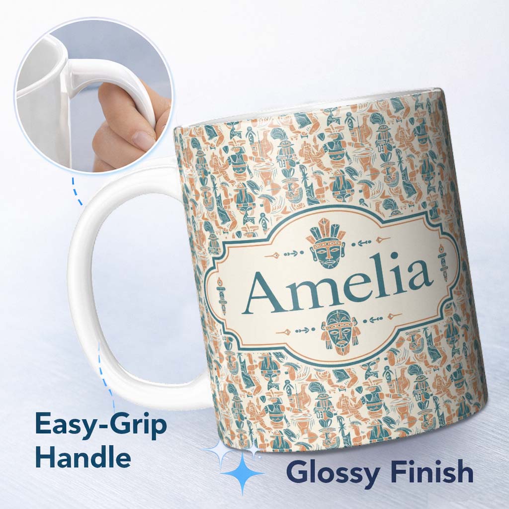 Personalized Custom Name Colorful Tribal Cultural Symbols Seamless Pattern Name Cute Unique 11oz Ceramic Coffee Tea Mug White Large Handle