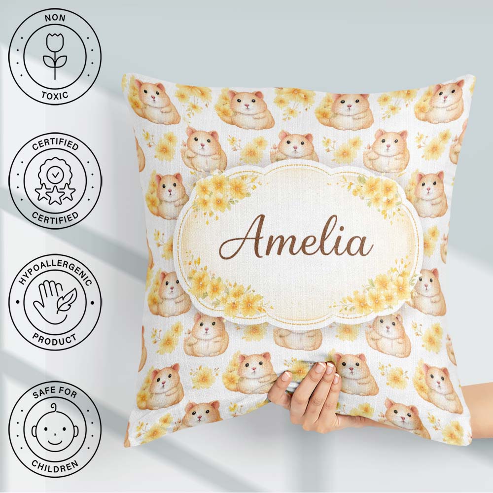 Custom Name Adorable Hamster Floral Yellow Accent Pattern Lovely Square Filled Cushion Throw Pillow Sofa Bed Home Decor Zip Washable UK Made