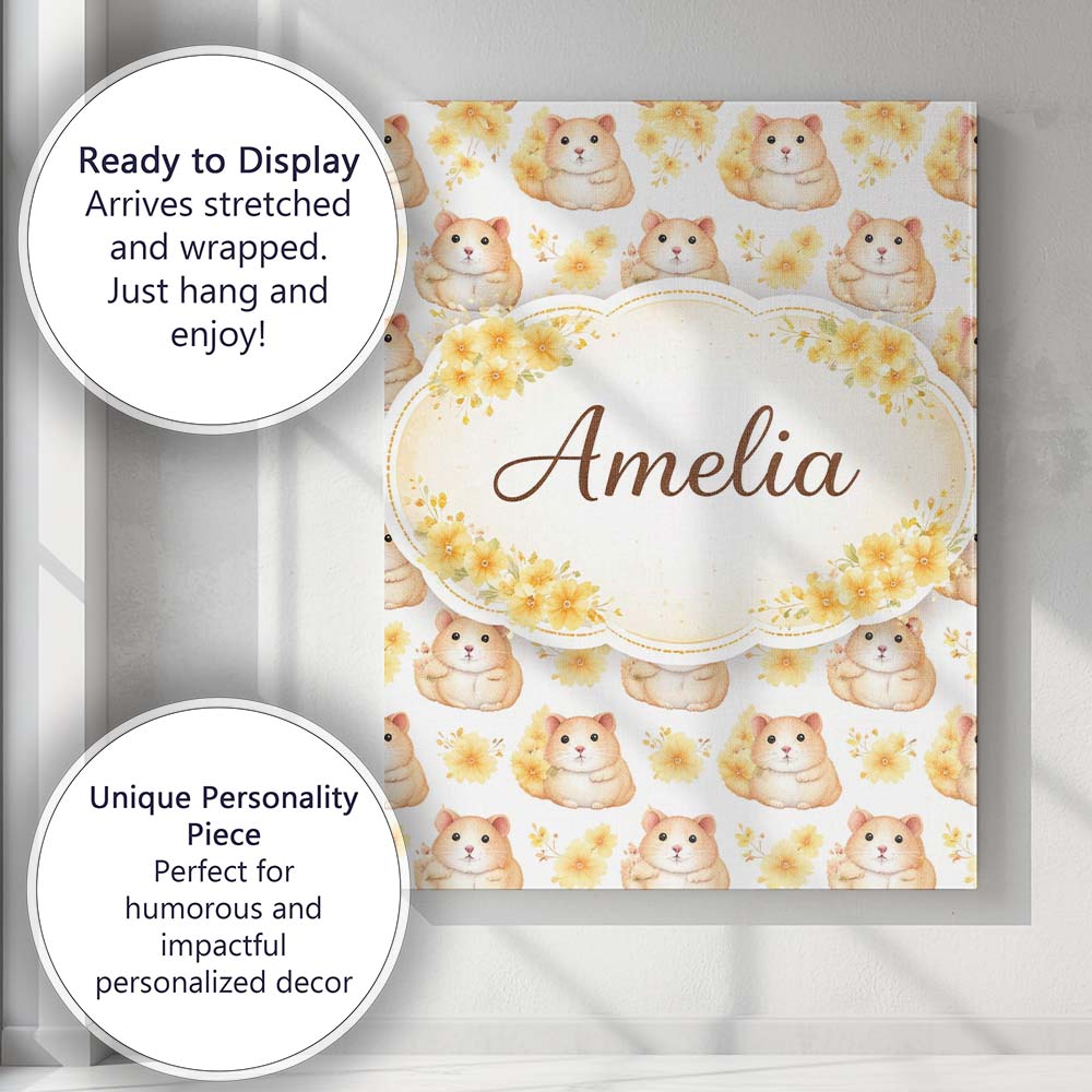 Personalised Name Adorable Hamster Floral Yellow Accent Seamless Custom Interior Canvas Wall Art Print Decor Picture Ready to Hang