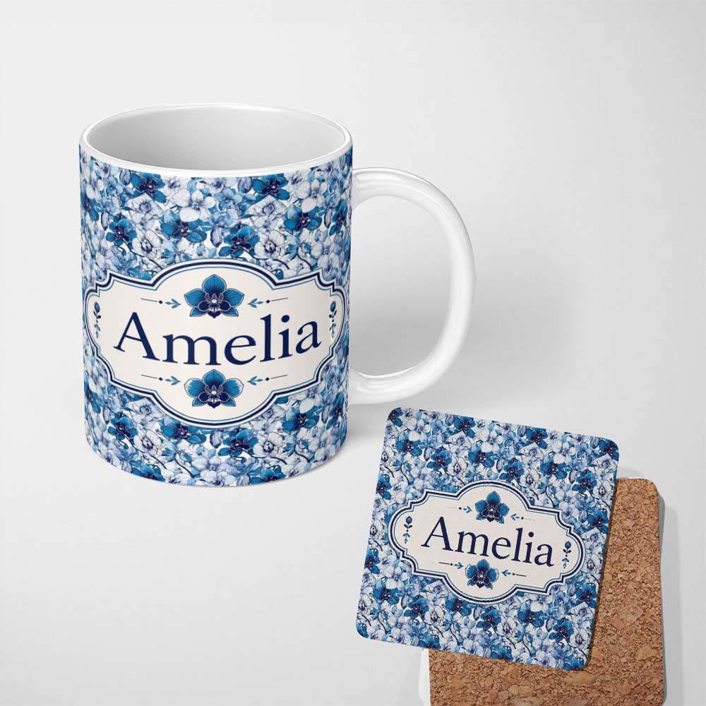 Personalized Custom Name Blue Floral Blossom Botanical Seamless Pattern Name Cute Unique Gift 11oz Ceramic Coffee Tea Mug White Large Handle