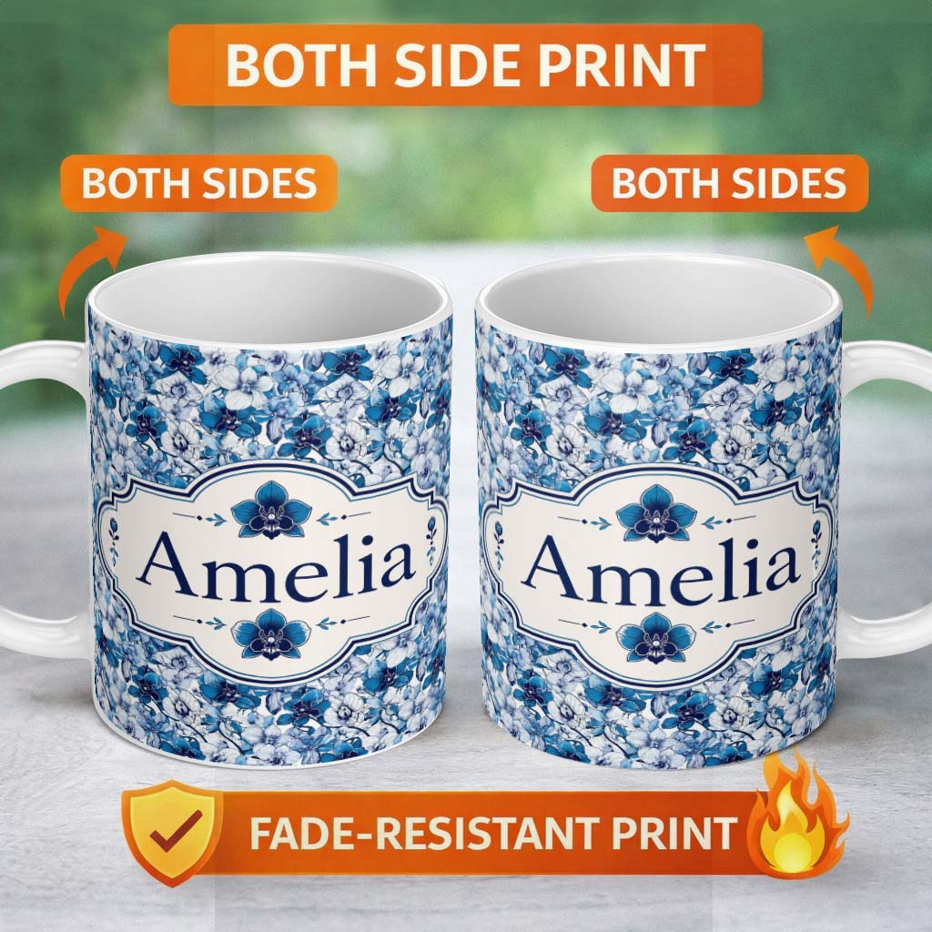 Personalized Custom Name Blue Floral Blossom Botanical Seamless Pattern Name Cute Unique Gift 11oz Ceramic Coffee Tea Mug White Large Handle