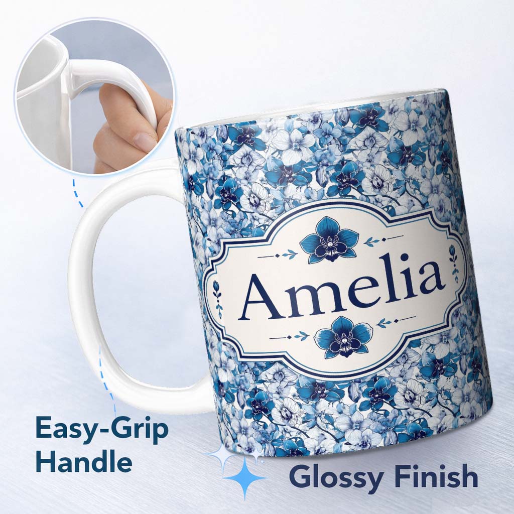 Personalized Custom Name Blue Floral Blossom Botanical Seamless Pattern Name Cute Unique Gift 11oz Ceramic Coffee Tea Mug White Large Handle