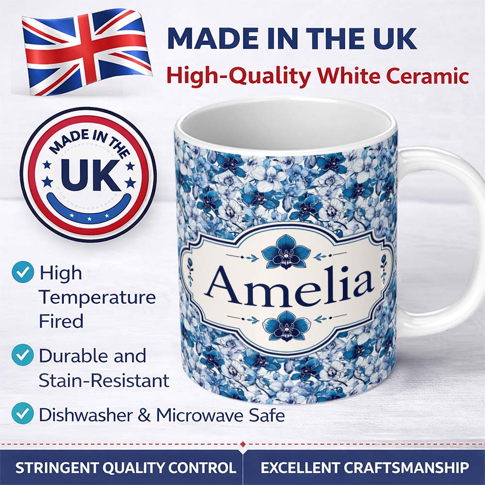 Personalized Custom Name Blue Floral Blossom Botanical Seamless Pattern Name Cute Unique Gift 11oz Ceramic Coffee Tea Mug White Large Handle
