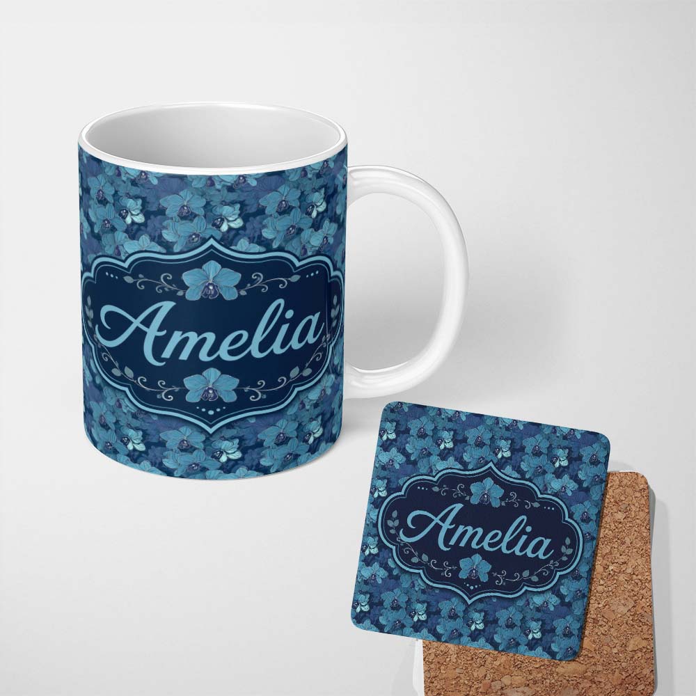 Personalized Custom Name Blue Orchid Floral Seamless Pattern Elegant Botanical Design Name 11oz Ceramic Coffee Tea Mug White Large Handle