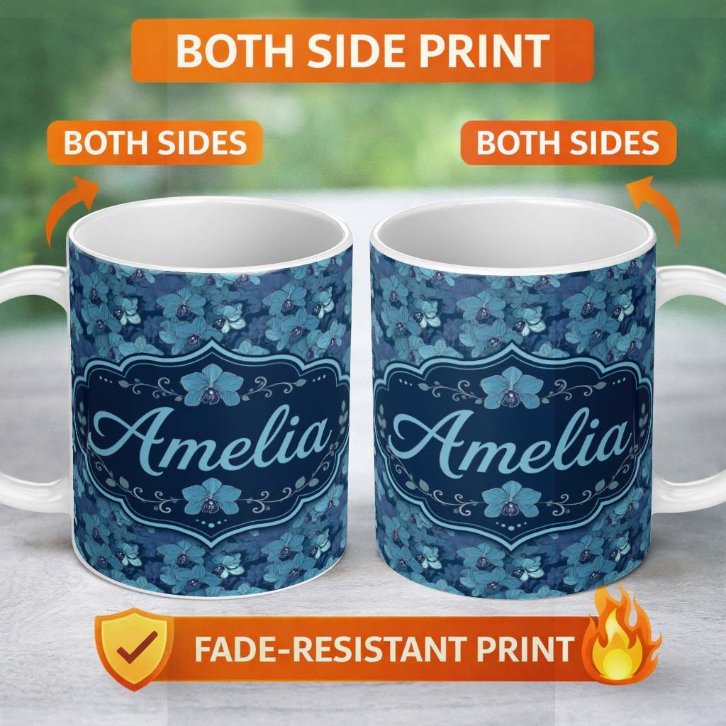 Personalized Custom Name Blue Orchid Floral Seamless Pattern Elegant Botanical Design Name 11oz Ceramic Coffee Tea Mug White Large Handle