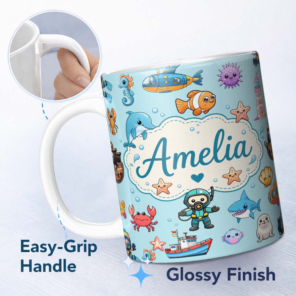Personalized Custom Name Cartoon Ocean with various sea Creatures Sea Creatures on Aqua Blue 11oz Ceramic Coffee Tea Mug White Large Handle