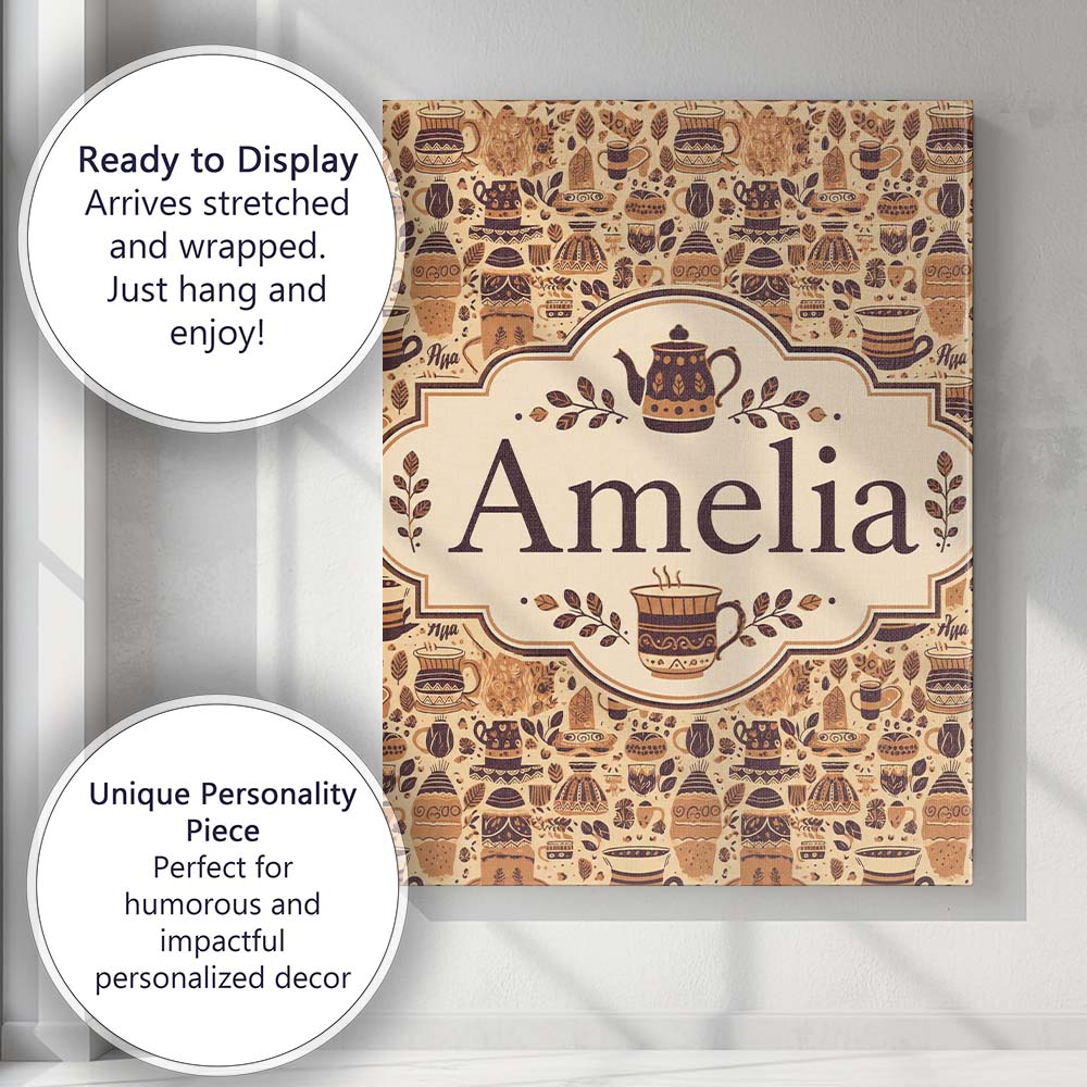 Personalised Name Coffee Cups and Rustic Custom Unique Gift Idea Elegant Feature Canvas Wall Art Print Decor Picture Ready to Hang