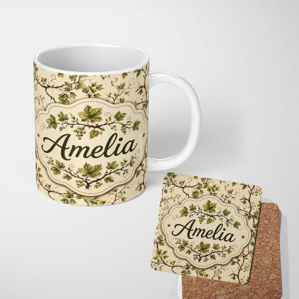 Personalized Custom Name Natural Woodland Vine Leaves Seamless Pattern Charming Kitchen Decor 11oz Ceramic Coffee Tea Mug White Large Handle