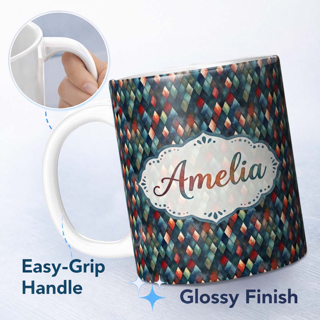Personalized Custom Name Dark Abstract Diamond Seamless Pattern in Blue Red Cute Unique Gift 11oz Ceramic Coffee Tea Mug White Large Handle