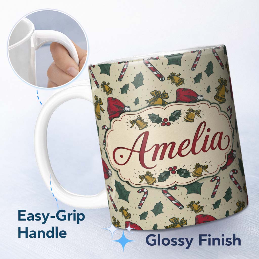 Personalized Custom Name Christmas Candy Cane Bells Santa Hat Seamless Pattern Lovely 11oz Ceramic Coffee Tea Mug White Large Handle