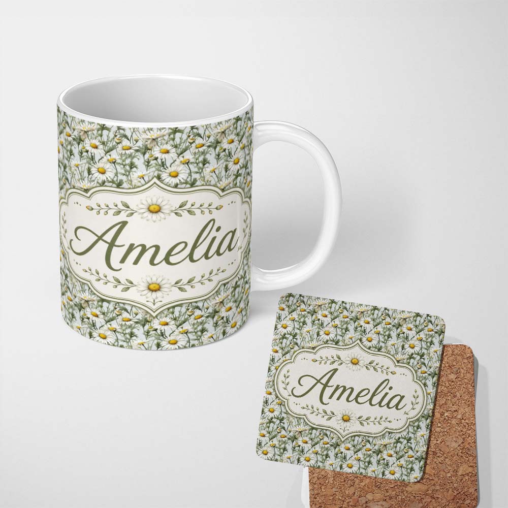 Personalized Custom Name White Daisy Flower Garden Seamless Pattern Fresh Botanical Nature 11oz Ceramic Coffee Tea Mug White Large Handle