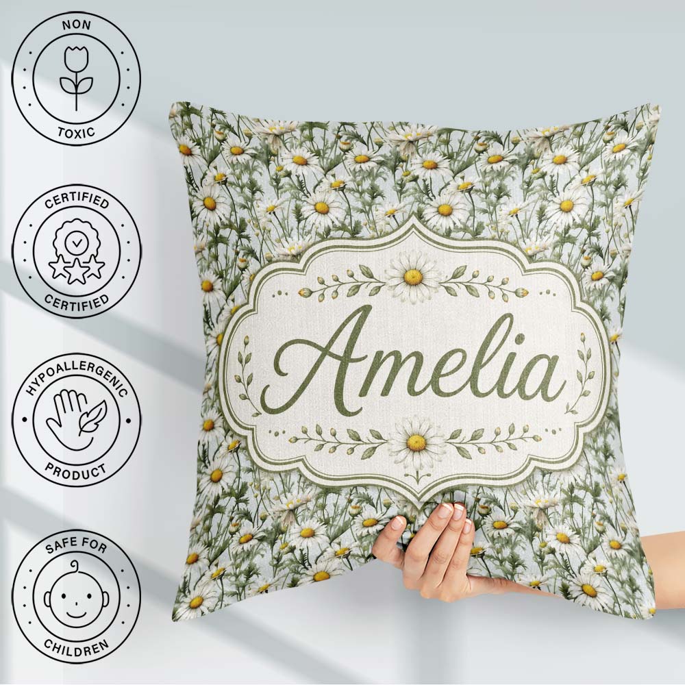 Custom Name White Daisy Flower Garden Seamless Pattern Botanical Square Filled Cushion Throw Pillow Sofa Bed Home Decor Zip Washable UK Made