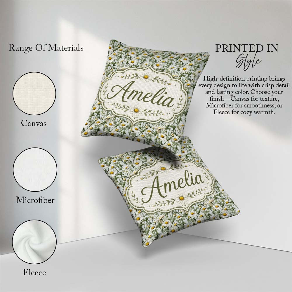 Custom Name White Daisy Flower Garden Seamless Pattern Botanical Square Filled Cushion Throw Pillow Sofa Bed Home Decor Zip Washable UK Made