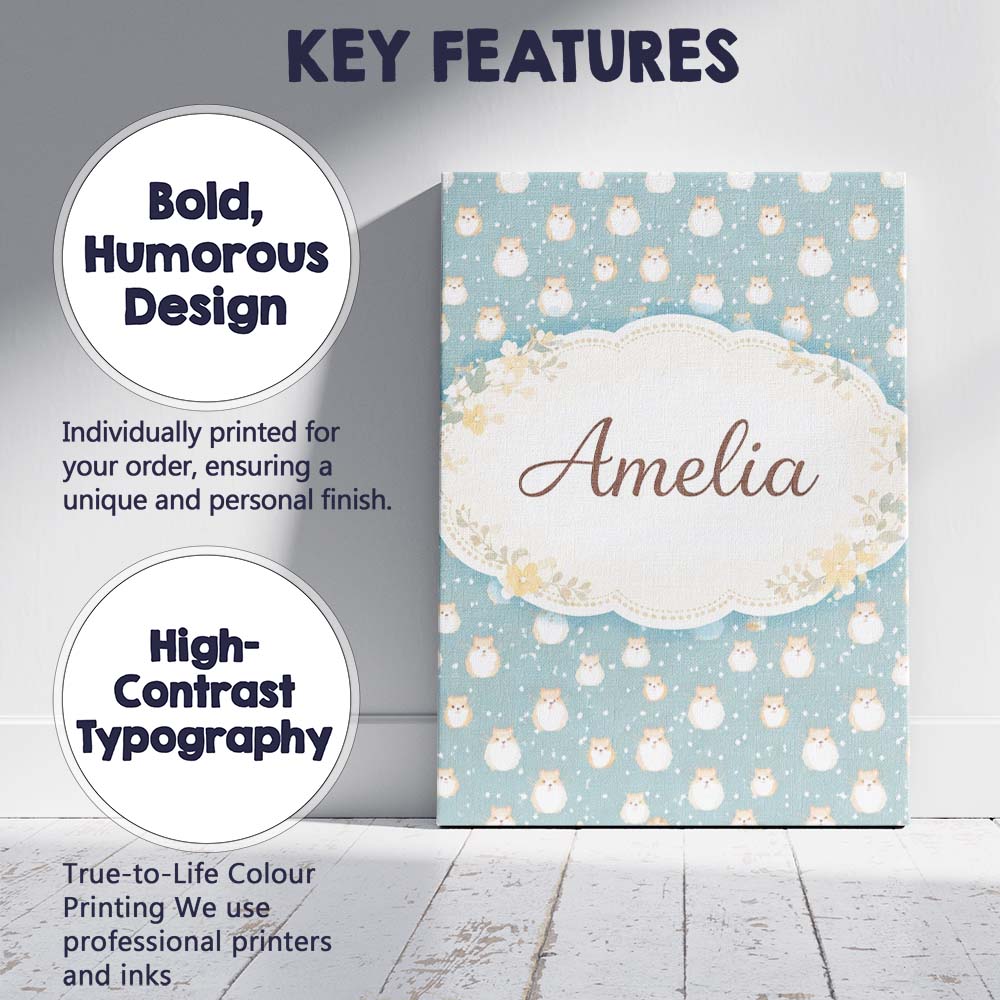 Personalised Name Light Blue Cute Hamster Snowfall Seamless Pattern Custom Canvas Wall Art Print Decor Picture Ready to Hang