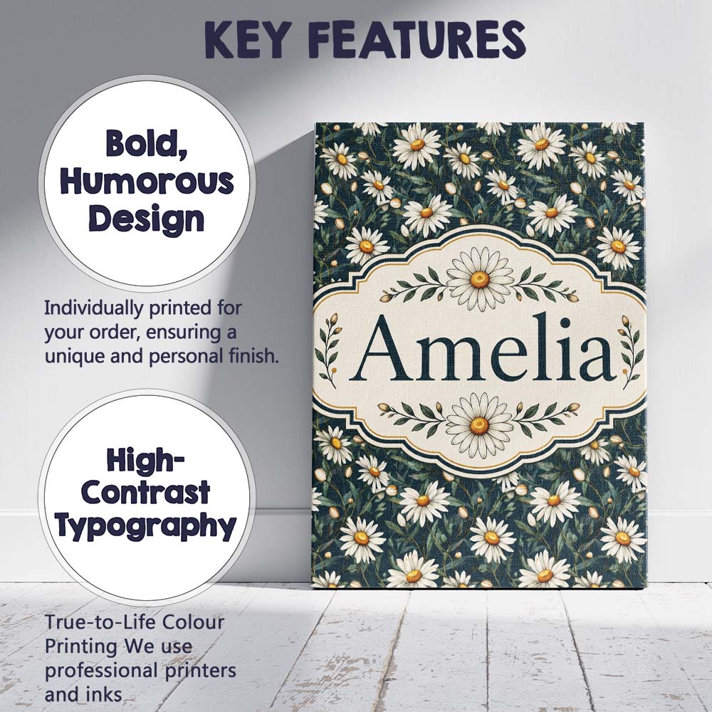Personalised Name White Daisy Floral Custom Premium Decorative Design Modern Room Accent Canvas Wall Art Print Decor Picture Ready to Hang