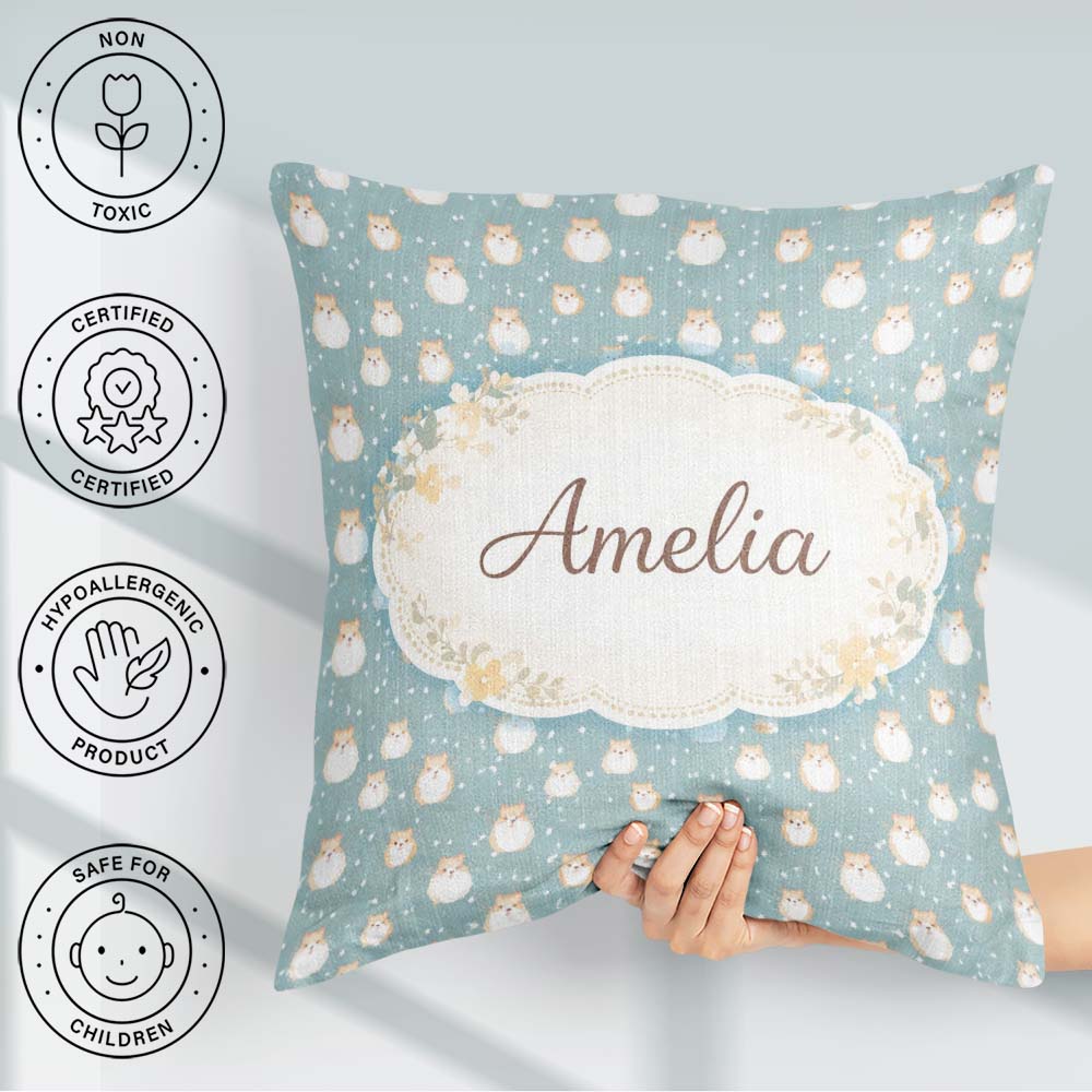 Custom Name Light Blue Cute Hamster Snowfall Seamless Pattern Square Filled Cushion Throw Pillow Sofa Bed Home Decor Zip Washable UK Made