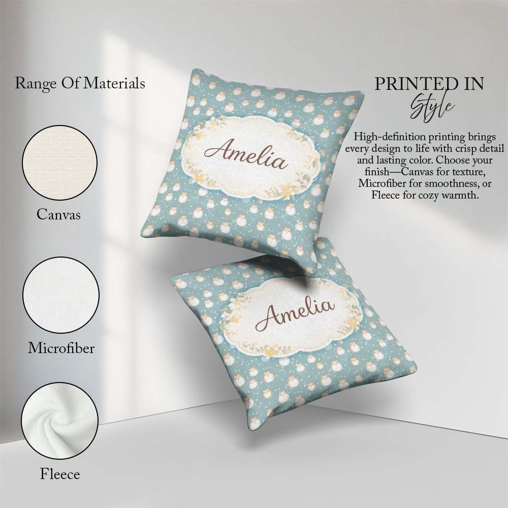 Custom Name Light Blue Cute Hamster Snowfall Seamless Pattern Square Filled Cushion Throw Pillow Sofa Bed Home Decor Zip Washable UK Made