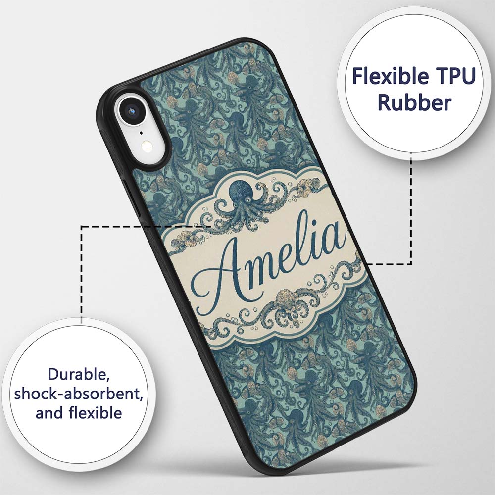 Vintage Octopus Ocean Seamless Pattern Detailed Custom Name Protective Phone Case Mobile Cover Durable Everyday Smartphone Shock Resistant