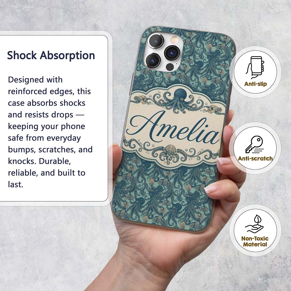 Vintage Octopus Ocean Seamless Pattern Detailed Custom Name Protective Phone Case Mobile Cover Durable Everyday Smartphone Shock Resistant