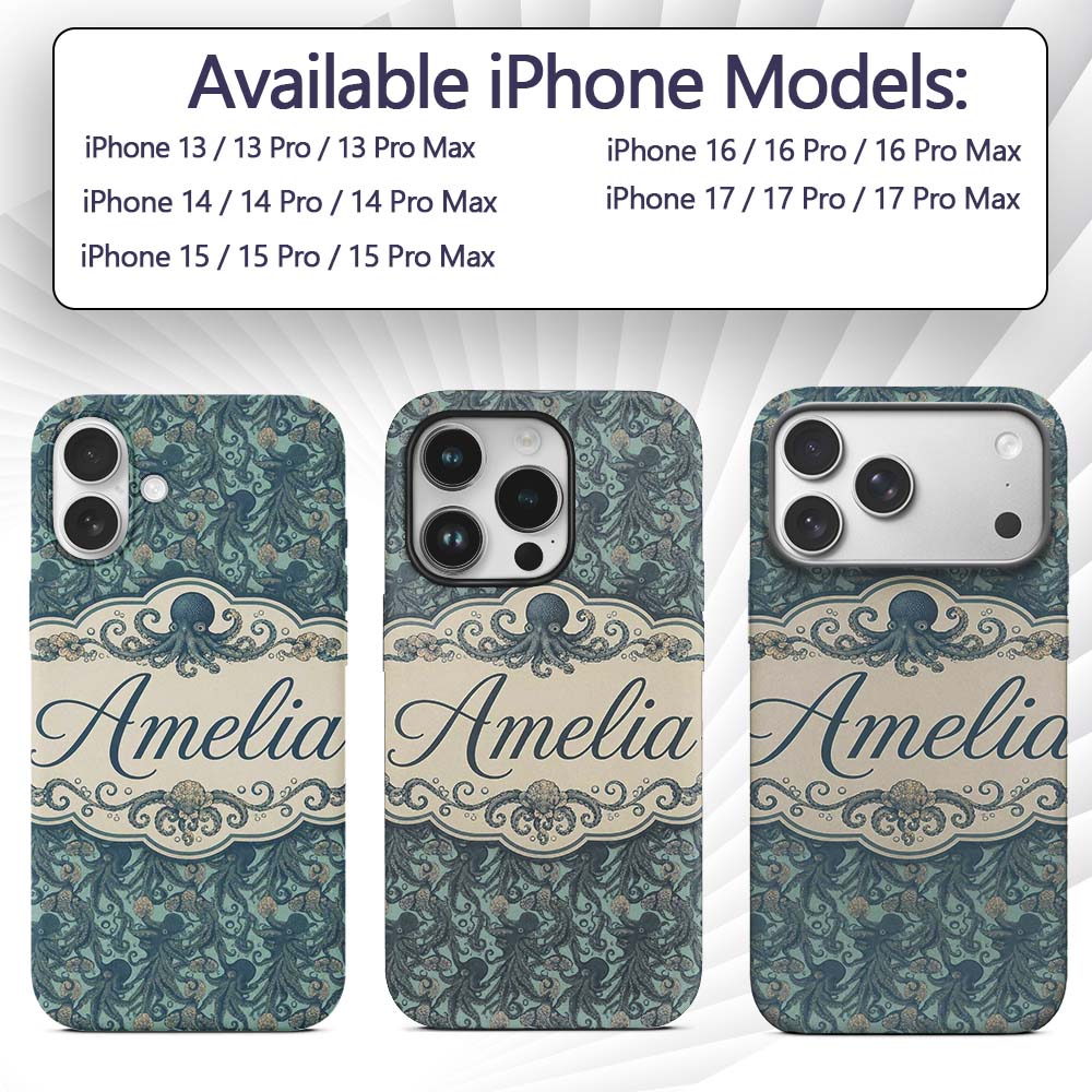 Vintage Octopus Ocean Seamless Pattern Detailed Custom Name Protective Phone Case Mobile Cover Durable Everyday Smartphone Shock Resistant