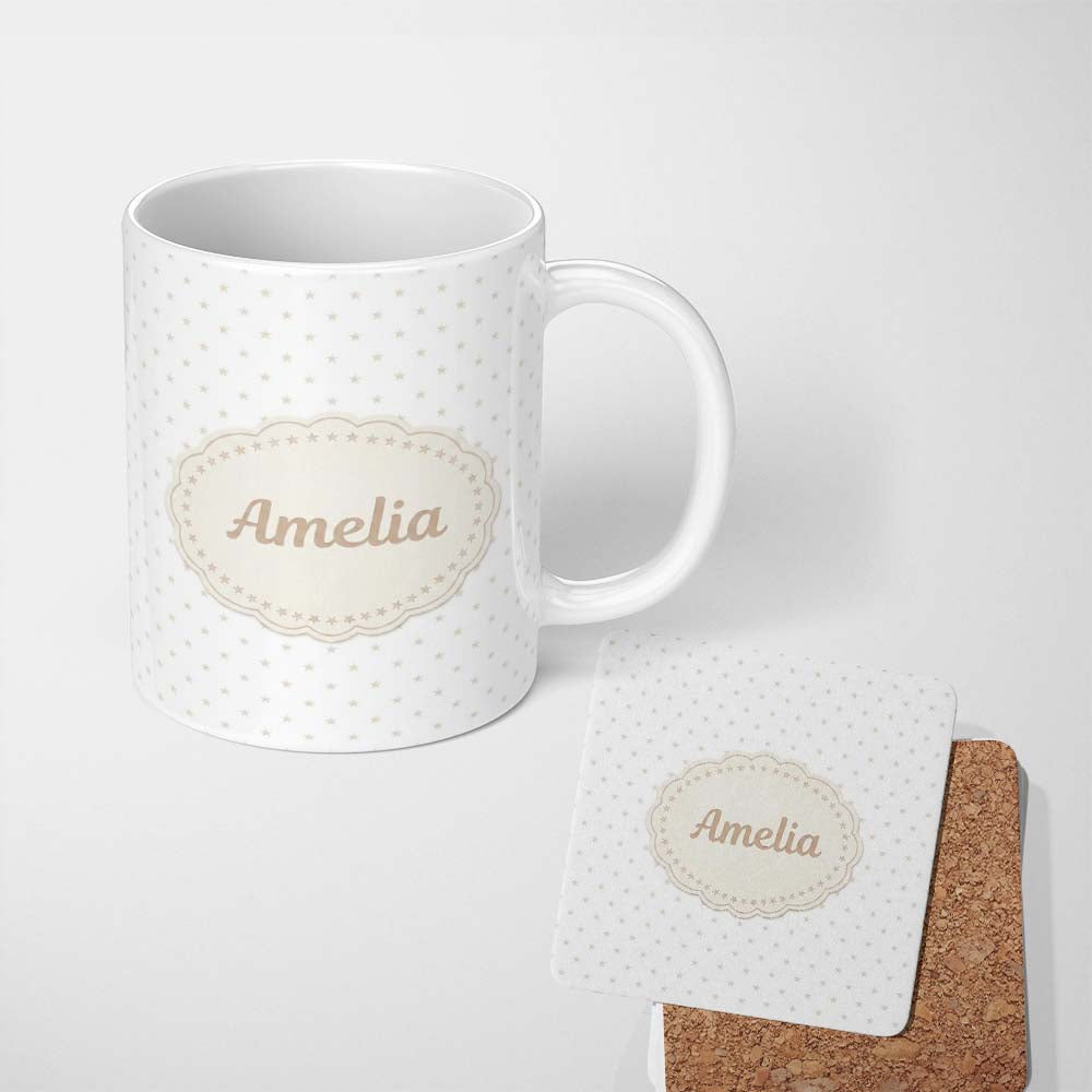 Personalized Custom Name Minimal Gold Star Seamless Pattern on Soft Grey Background Lovely 11oz Ceramic Coffee Tea Mug White Large Handle