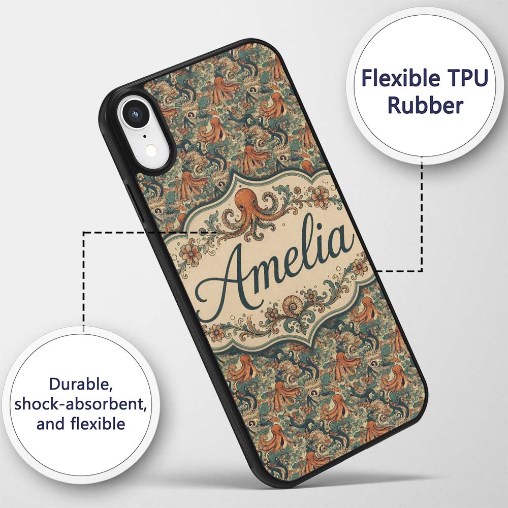 Ornate Octopus and Coral Reef Seamless Pattern Custom Name Protective Phone Case Mobile Cover Durable Everyday Smartphone Shock Resistant