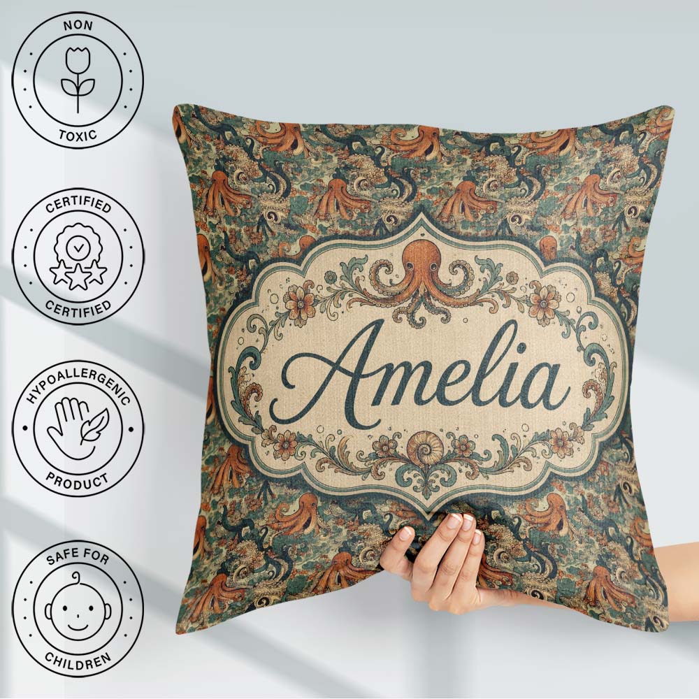 Custom Name Ornate Octopus and Coral Reef Seamless Pattern Ocean Square Filled Cushion Throw Pillow Sofa Bed Home Decor Zip Washable UK Made