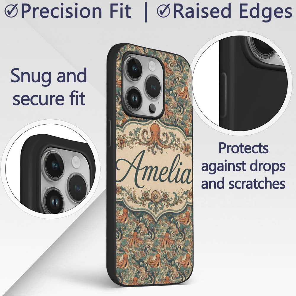 Ornate Octopus and Coral Reef Seamless Pattern Custom Name Protective Phone Case Mobile Cover Durable Everyday Smartphone Shock Resistant
