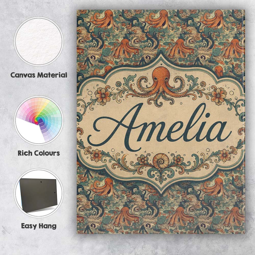 Personalised Name Ornate Octopus and Coral Custom Unique Gift Idea Elegant Feature Canvas Wall Art Print Decor Picture Ready to Hang